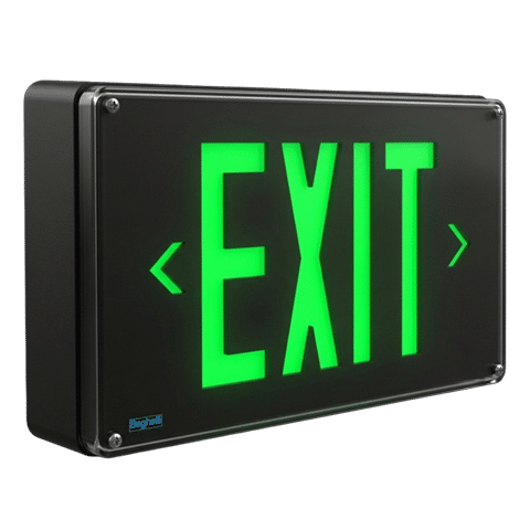 Black Fortezza Exit Sign with green letters